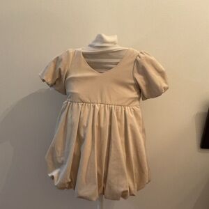 Girls Beige Bubble-Hem Puff-Sleeve Dress – Size 5